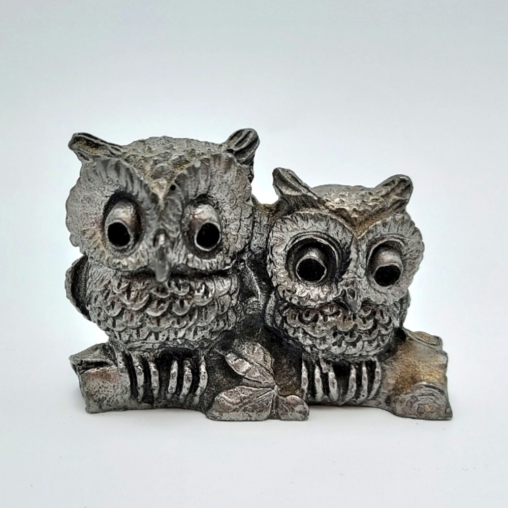 Vintage RB Pewter Two Owls on Branch 2" Heavy Stamped MCM Mid Century Modern